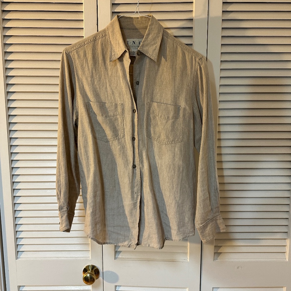 INC 100% Linen Button Down Blouse Long Sleeve Beige Two Pockets Runs Larger